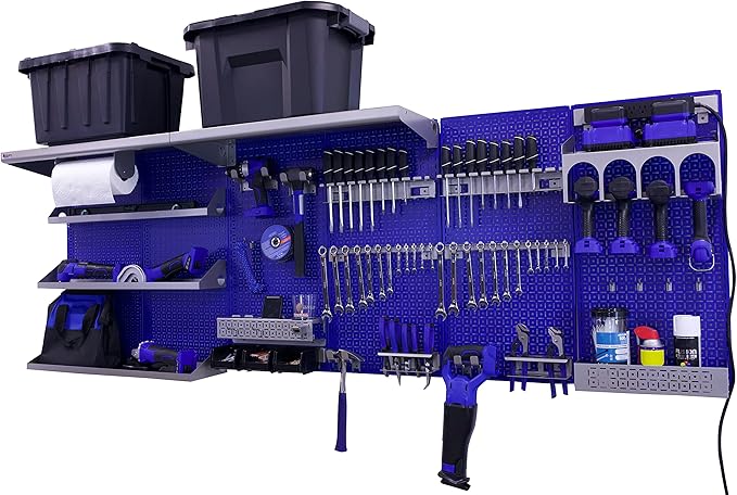 OmniWall Weekend Warrior Ultimate Tool Kit-96" x 32" Metal Pegboard Wall Storage System Blue/Silver