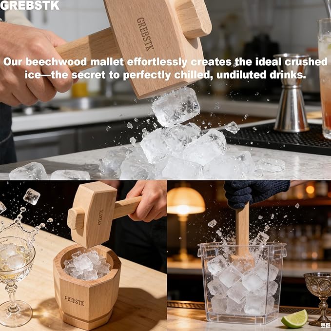 GREBSTK Beech Wood Mallet - Woodworking Hammer & Ice Crusher for Cocktails, Perfect for Chisels, DIY, Bar Tool, Polished Solid Hardwood, 12 Inch