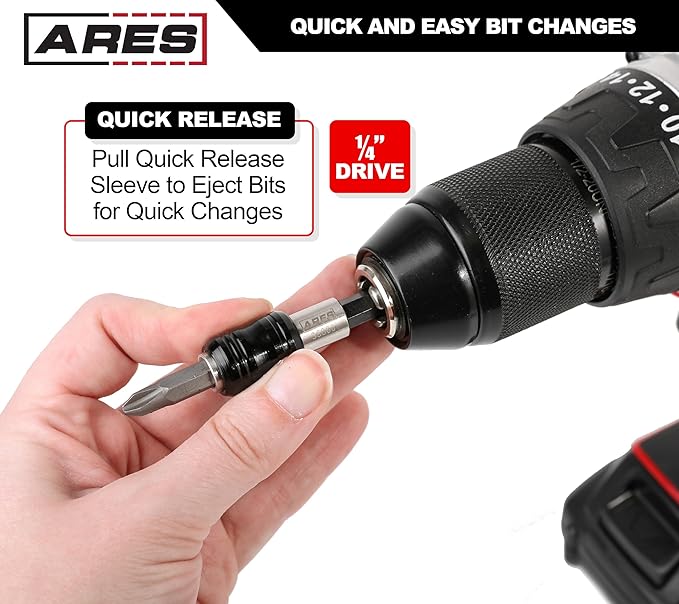 ARES 36000 - One Touch Bit Holder - One Touch Mechanism Makes Bit Change a Breeze - Works With All 1/4-Inch Drive Bits