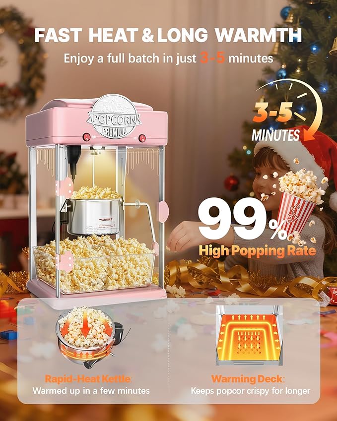 6 Oz Popcorn Machine, Tabletop Popcorn Maker, Countertop Pop Corn Machine, Movie Theater Popcorn Popper Machine with Stainless-Steel Kettle, Measuring Tool for Home Family, 300 W, Pink