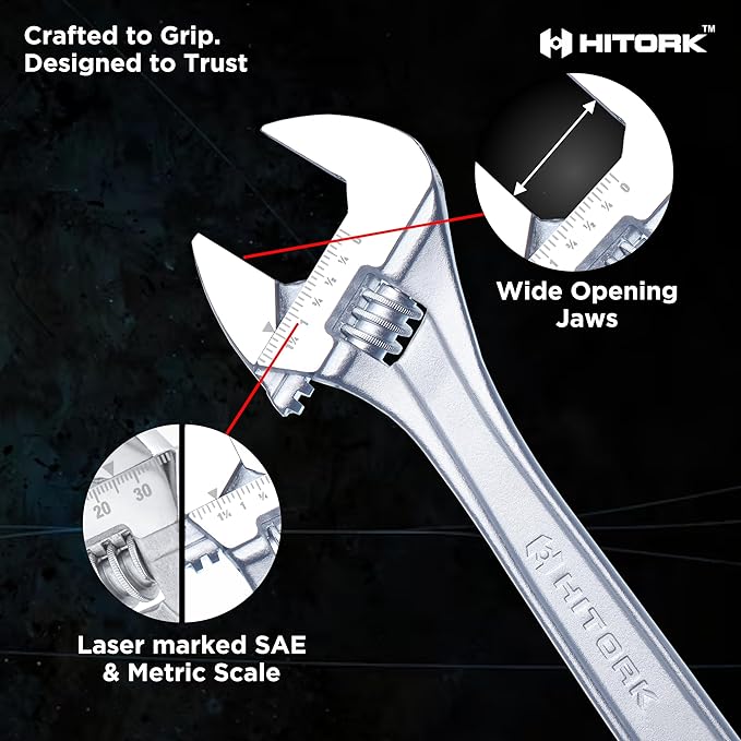 Hitork 3-Piece Adjustable Wrench Set 6-Inch, 8-Inch, 10-Inch, Chrome-Plated Cr-V Steel, Wide Opening Jaws, Laser Etched SAE & Metric Scale, Polished Head, Smooth Knurl, Roll Pouch Included