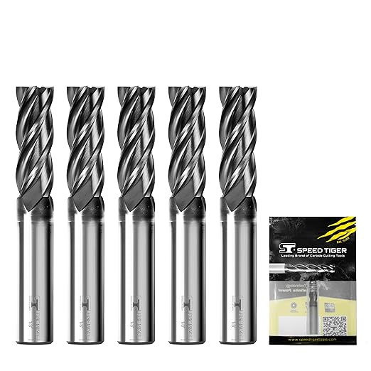 SPEED TIGER EISE 1/8" Carbide Square End Mill - 4 Flutes Milling Bits Set for Alloy Steels, Hardened Steels, Aluminum, Copper, Cast Iron, HRC 50 Deg AlTiN Coating, CNC Router Bits (5pcs)