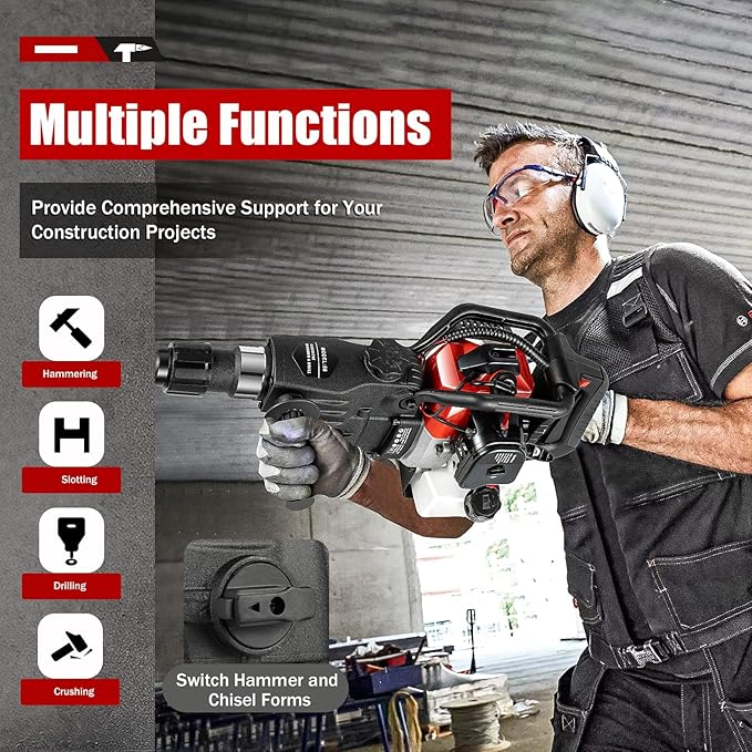 Gas Demolition Jack Hammer 33CC 2 Stroke Gasoline Concrete Breaker Punch Drill Breaker 4000BPM, Hammering Slotting Drilling Crushing 4 Functions, with 3 Drills & 2 Point Flat Chisels Set (33CC 1000W)