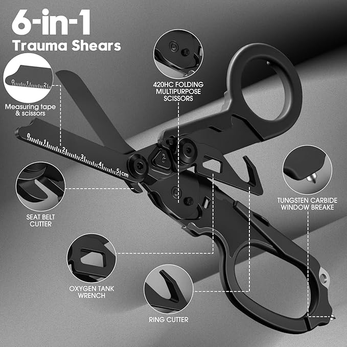 multifunctional tool set includes key tools, card tools, 6-in1 Trauma Shears, scissors with K-sheaths, suitable for outdoor exercise, garden pruning, and daily household use (carbon black)