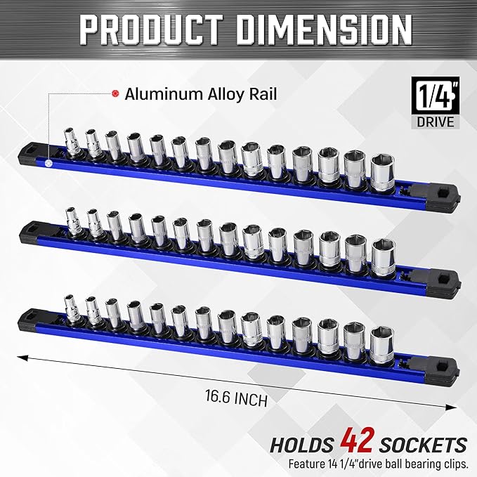 ALOANES 3-Piece Magnetic Socket Organizer, Heavy Duty Aluminum Socket Rails Organizer, 360째 Swivel Clips Socket Rail Set For Sockets Storage, 1/4-Inch Socket Holder x 42 Clips (Blue)