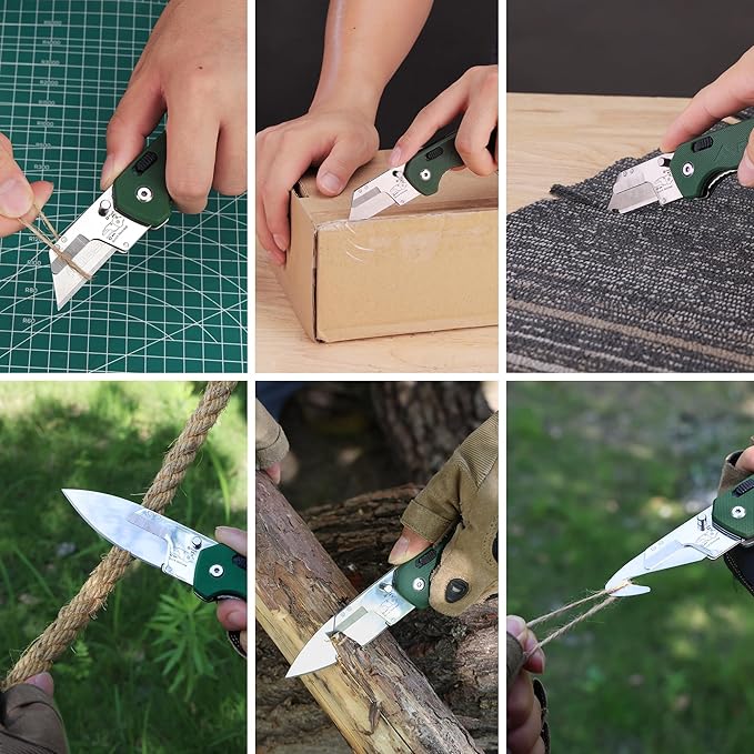 FLISSA Replaceable Blade Folding Knife, 3-in-1 Pocket Hunting Knives, Liner Lock Knife for Hunting, Skinning & Field Dressing, Green G10 Handle, Includes 16 Blades