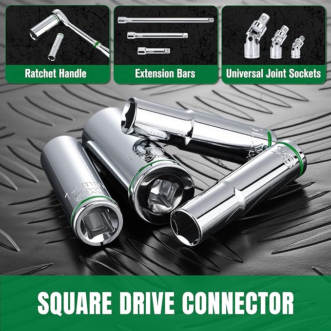 SK 3/8" Drive Socket Set, Deep Metric Sockets, 13-Piece 10-22mm, SuperKrome Finish, Premium CR-V Construction, with Aluminum Socket Organizer