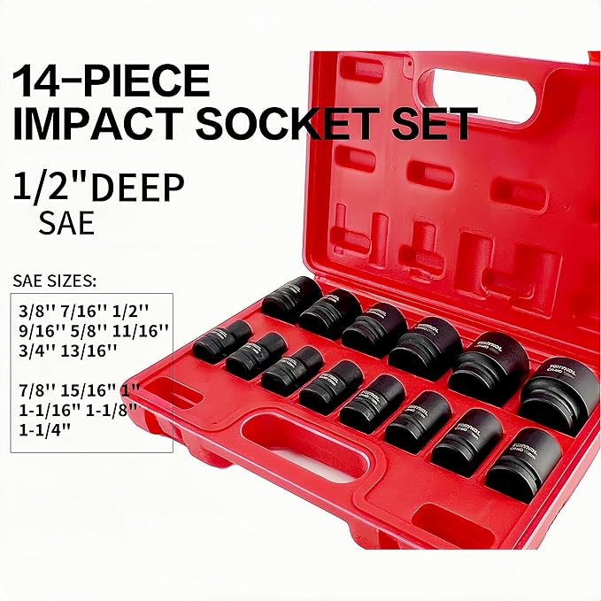 1/2 Inch Shallow Drive Impact Socket Set,6-Point,SAE(3/8" to 1-1/4"),14 Pcs,Cr-Mo Steel,With a Storage Case