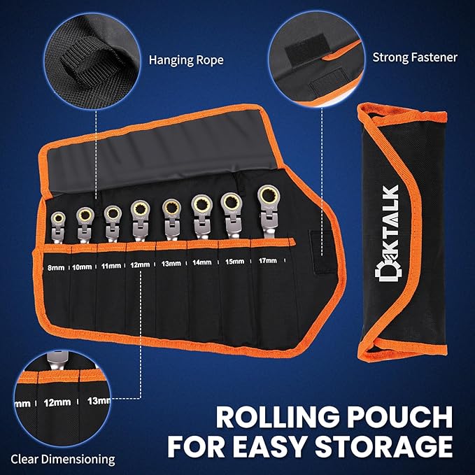 DikTalk 8PCS Flex Head Ratcheting Wrench Set, Metric 8-17 mm, 72-Tooth CR-V Steel with Rolling Pouch for Automotive Repair & Mechanics