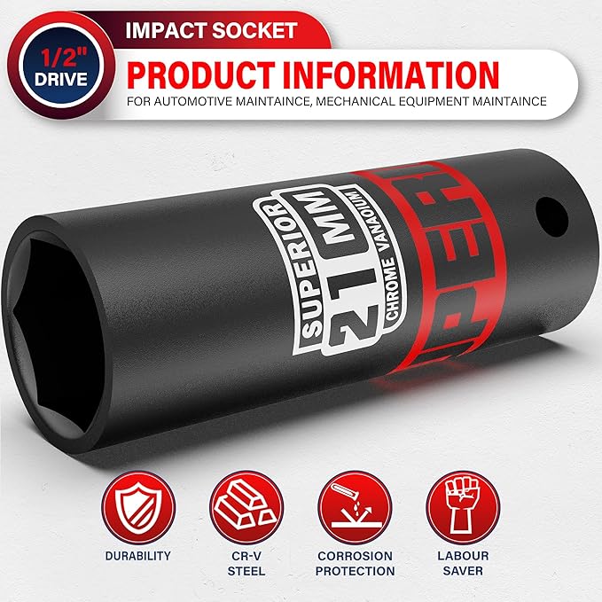 1/2" Drive Impact Socket, 21 mm Deep Socket, Metric, 6 Point, CR-V, for Automotive Maintaince, Mechanical Equipment Maintaince