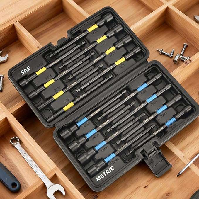 AEROFORCE 16PCS Magnetic Nut Driver Set for Impact Drill, 6 Inch Extra Long Nut Drivers with Sturdy Tool Box, SAE/Metric 1/4" Hex Shank Socket Set for Drill, DIY and Repair Car