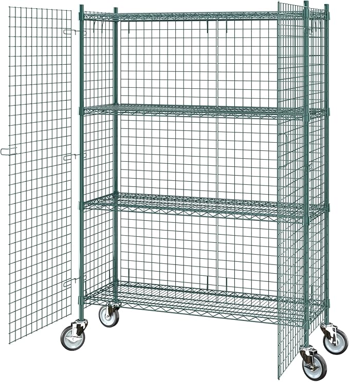 Commercial Grade NSF Listed Metal Wire Mesh Storage Green Epoxy Mobile Security Cage Kit, 18" x 48" x 70", Perfect for Warehouse, Walk-in Refrigerator, Freezer, Grocery Store, Restaurant, Dishroom