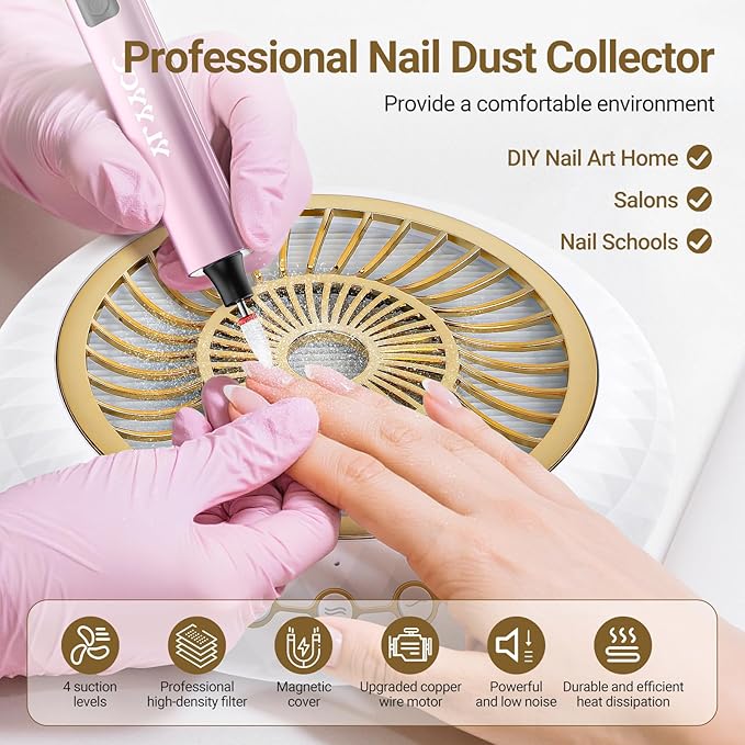 Nail Dust Collector Quiet, 5000RPM Vacuum Fan Extractor with Reusable Filter | Home/Salon Use, Pros Tech & Beginners