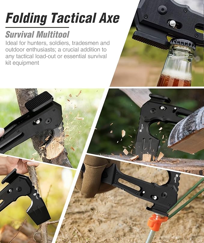 HX OUTDOORS Folding Tactical Axe and 19 in 1 Multi Tool Survival Combo – DC53 Steel Blade Stainless Steel Multitool for Camping Outdoor Emergency