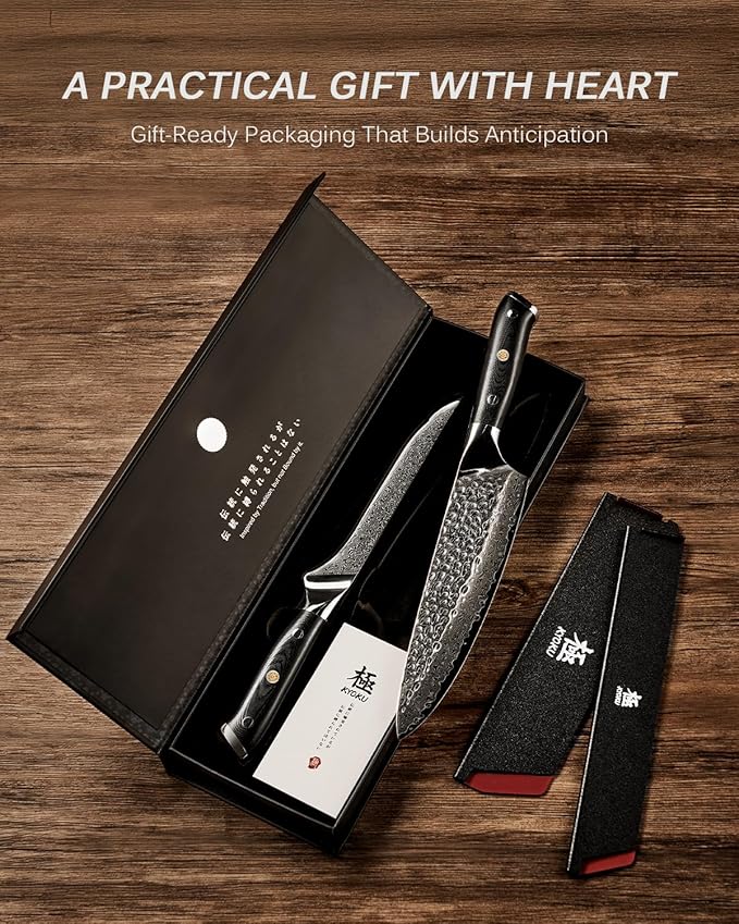 KYOKU Knife Set, Shogun Gin Series 2pc Japanese Style Kitchen Knife Set, 7" Boning 8" Chef Knife with Silver Ion Blade Sheath Gift Box, Sharp Damascus Stainless Steel Knives for Meat Vegetable