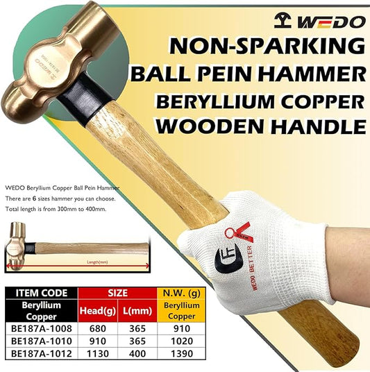 WEDO 3PCS Ball Pein Hammer,3/2lb+2lb+5/2lb Non-Sparking Ball Peen Hammer with Wooden Handle, Beryllium Copper,Non-Magnetic,Die-forged,Corrosion Resistant,BAM & FM Certificate,DIN Standard