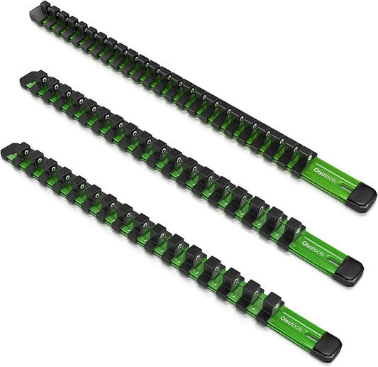 Olsa Tools Aluminum Socket Organizer, 3pc Set - Green Socket Holder Kit 1/2-Inch, 3/8-Inch, and 1/4-Inch Drive - Holds 58 Chrome or Impact Sockets - Professional Grade Socket Rails - Part: 1102