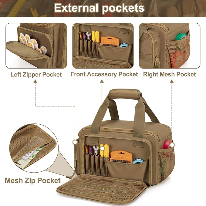 12-Inch Tool Bag with Anti-friction Bottom, Hand Tool Storage Organizer Bag for Men, Tactical Range Bag, Multi-purpose Work Tote for Repairman, Electrician, Carpenters, Handyman, Khaki