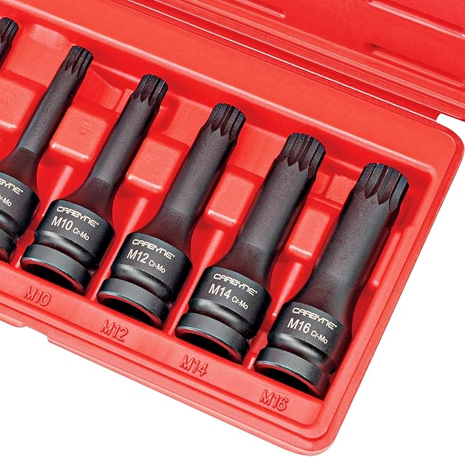CARBYNE 8-Piece XZN Triple Square Spline Drive Impact Bit Socket Set, 12 Point, Chrome Molybdenum (Cr-Mo) Steel | Metric M5 to M16 | 1/2 inch Drive
