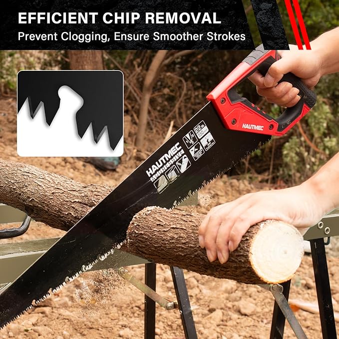 HAUTMEC 22" Aggressive Hand Saw with Chip Removal Design, Heavy-Duty Wood Saw with 9 TPI Triple-Ground Teeth, Rust-Proof Low-Friction Blade & Ergonomic Handle for Labor-Saving & Fast Cutting - HT0026