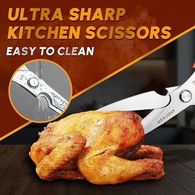 Huusk kitchen Scissors Set Red - Japanese kitchen Shears, Heavy Duty Poultry Shears, Sharp Meat Scissors for Food, Chicken Bones, and Turkey, Christmas Gifts for Women Men