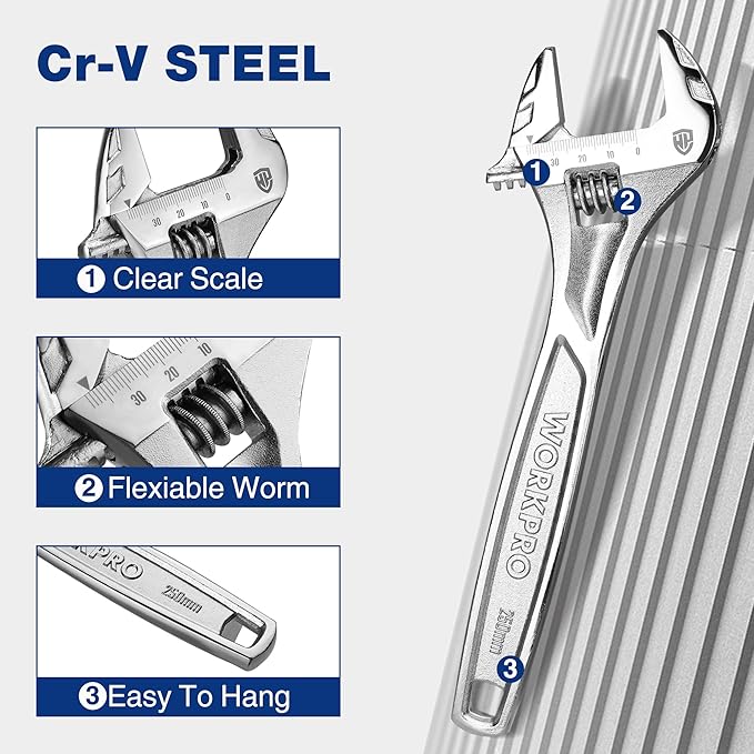WORKPRO Adjustable Wrench, 10-inch Heavy Duty Spanner with Inch/Metric Scale, Premium Cr-V Steel, Chrome Plated