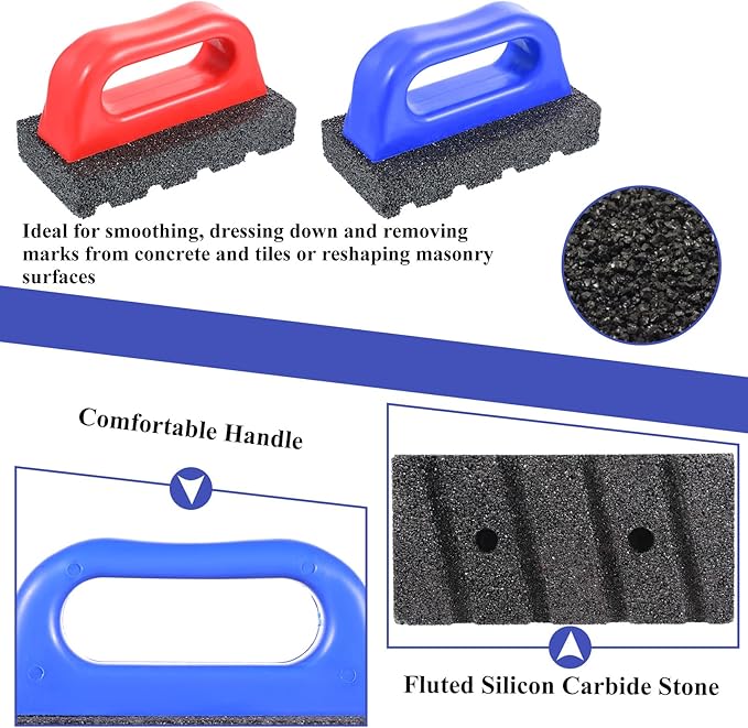 SHENLIU 2 Pcs Rub Brick with Handle Concrete 20 Grit Masonry Tools Smoothing Cleaning Removing Marks Tool Surface Concrete Tools (Red, Blue)