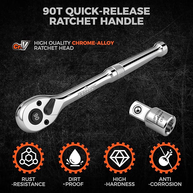 HORUSDY 3/8" Drive 90T Quick-Release Ratchet Handle, Reversible, Chrome Alloy Made, Full Polished, Includes 3/8" to 1/2" Socket Adapter, Ideal for Auto Repair, Home & Industrial Use