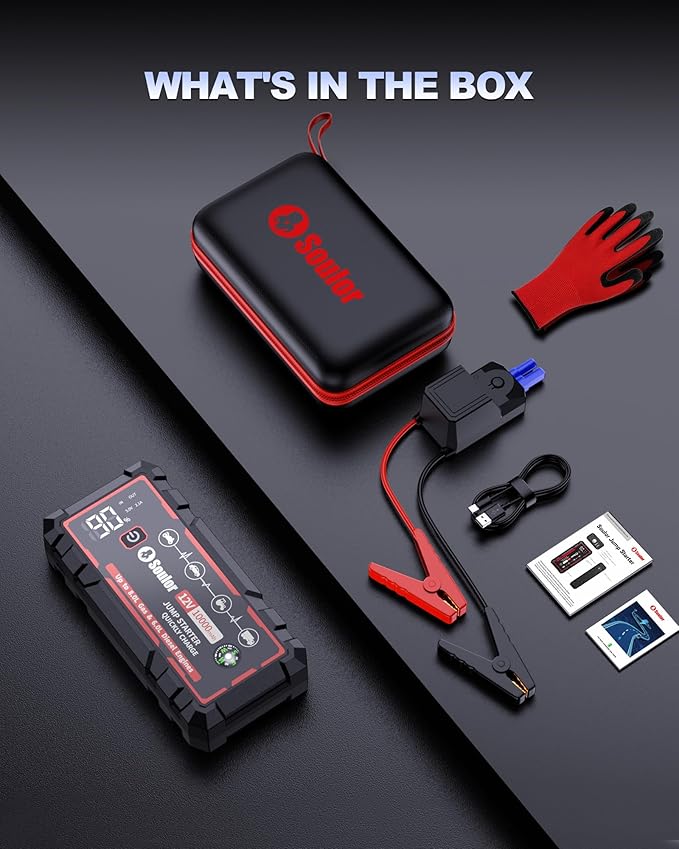 9 in 1 Jump Starter, 12V Jump Box Car Battery Jumper Starter Portable with 14 in 1 Protection Jumper Cables, LED Lights, LCD Display, Insulated Gloves