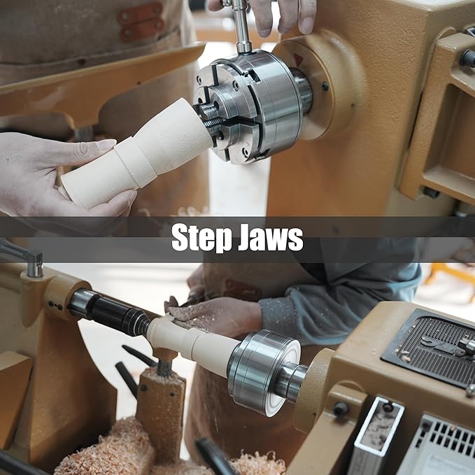 4.5" Woodlathe Chuck, Thread 1-1/4"x8TPI", Dovetail Jaws, Pin Jaws, 8" Flat Jaws, Step Jaws, Wide Jaws, Wood Screw, Thread adaptor to 1"x8TPI, Two Nylon Washers, Two Chuck Keys and T Handle Allen Key.