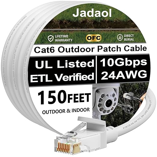 Cat 6 Outdoor Ethernet Cable 150 ft (45.72m), Support Cat8/7 Network, 10Gbps 550MHz, 24AWG Pure Copper, Direct Burial Waterproof In-Ground UV Resistant LAN Patch Cable for Router, Modem, Switch, White