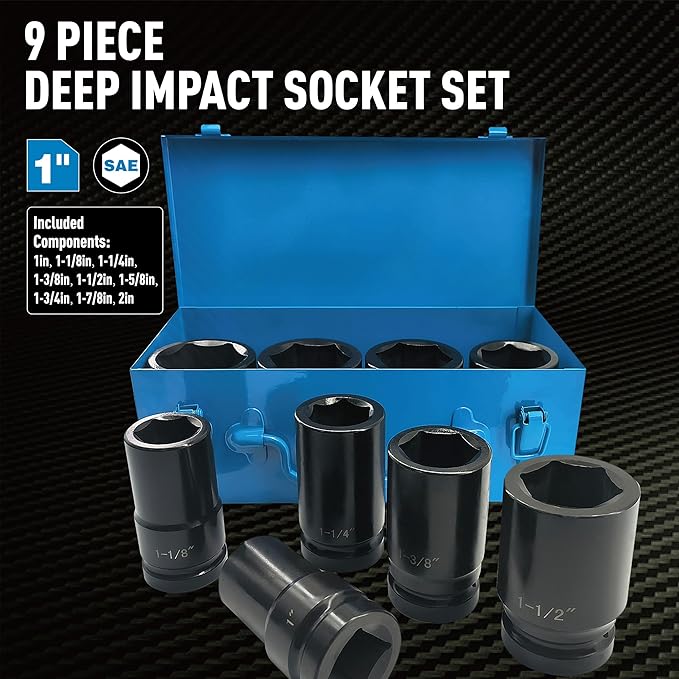 1 Inch Drive Deep Impact Socket Set, 9 Pieces Jumbo Impact Socket Sets, SAE 1" to 2", Chrome Steel, 6-Point Design, Metal Case