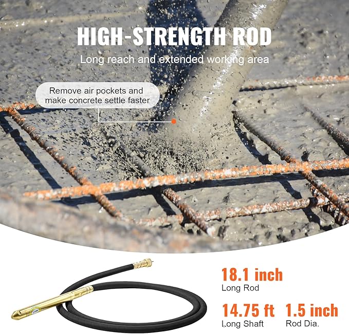 VEVOR Concrete Vibrator, 1300W Power, 16000 Vibrations Per Minute, Durable 2HP Copper Engine, Portable for Construction, Comes with 14.75ft Shaft, Ideal for Removing Air Pockets & Smoothing