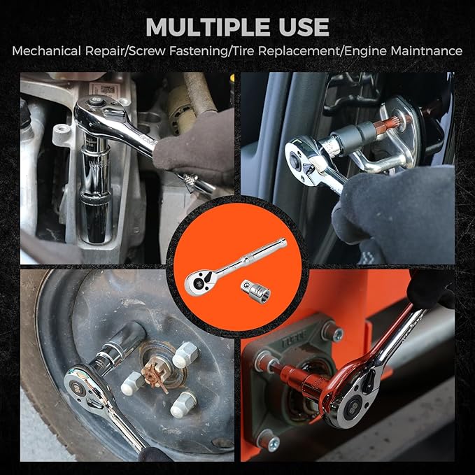 HORUSDY 1/4" Drive 90-Tooth Quick-Release Ratchet Handle with 1/4" to 3/8" Adapter, Reversible Thin Profile Socket Wrench, 4째 Swing Arc, Ergonomic Anti-Slip Grip, Ideal for Auto, Bike & Home Repair