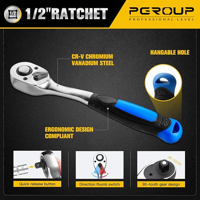 20 PCS 1/2" Drive Metric Socket Wrench Set,90-Tooth Reversible Ratchet Handle竊? Point Shallow Sockets (8-32mm) and Extension Bar 5", CR-V Steel, Car Repair Set