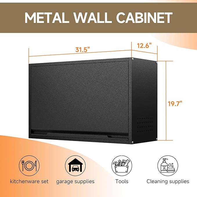 Coolsun Metal Wall Cabinet, Garage Wall Cabinet with Up-Flip Door, 19.7" H Wall Mounted Metal Storage Cabinet for Kitchen,Garage,Basement,Ware House Assembly Required (Black 19.7" H)