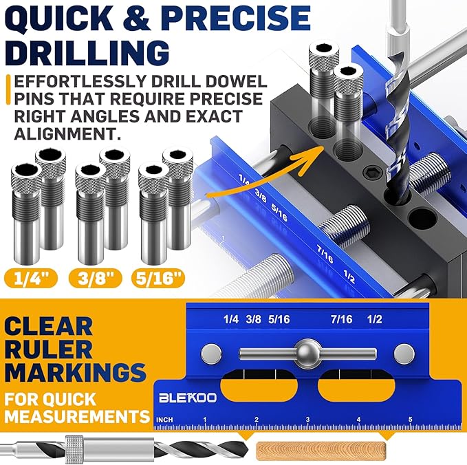 Upgraded 6.7 inch Self Centering Doweling Jig Kit (Blue), Drill Jig For Straight Holes Biscuit Joiner Set With 6 Drill Guide Bushings, Adjustable Width Drilling Guide Power Tool Accessory Jigs