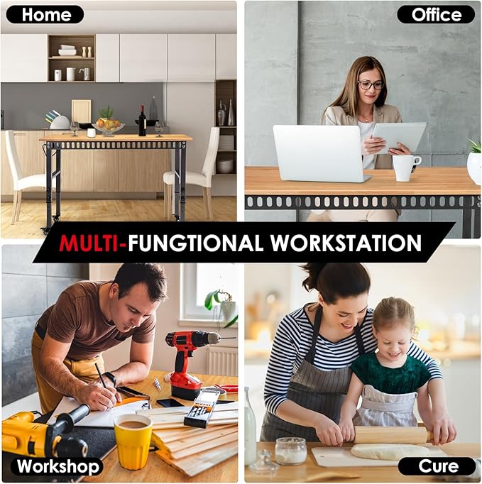 48 "Adjustable Workbench with Power Outlet, Heavy Duty 2000 LBS Load Capacity Hardwood Workbench Suitable for Workshop, Office, Garage, Home with Wheels