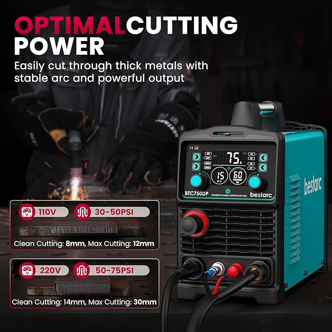bestarc Plasma Cutter, [Pilot Arc][Large LED Display][Air Sensor] 75A bestarc Plasma Cutter Machine 110/220V Dual Voltage, 1/2 Inch Clean Cut 1.2 Inch Max Cut, Post Flow Mesh, 2T/4T for Beginners DIY