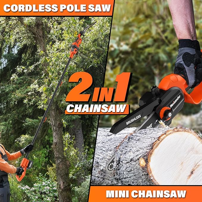 MAXLANDER 2-in-1 Cordless Pole Saw & 8 Inch Brushless Chainsaw, 20V Electric Pole Saws for Tree Trimming, Battery Powered Pole Saws with Extension pole & 2 x 3.0Ah Battery