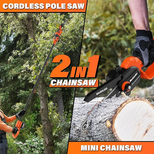 MAXLANDER 2-in-1 Cordless Pole Saw & 8 Inch Brushless Chainsaw, 20V Electric Pole Saws for Tree Trimming, Battery Powered Pole Saws with Extension pole & 2 x 3.0Ah Battery