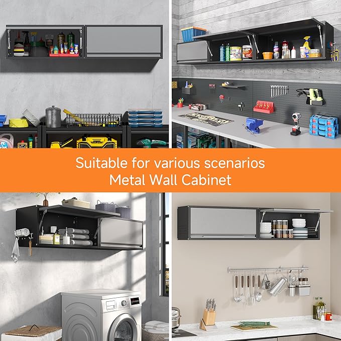 Coolsun Metal Wall Cabinet, Garage Wall Cabinet with Up-Flip Door, 31.5" W Wall Mounted Metal Storage Cabinet for Kitchen,Garage,Basement,Ware House Assembly Required (Black Gray)