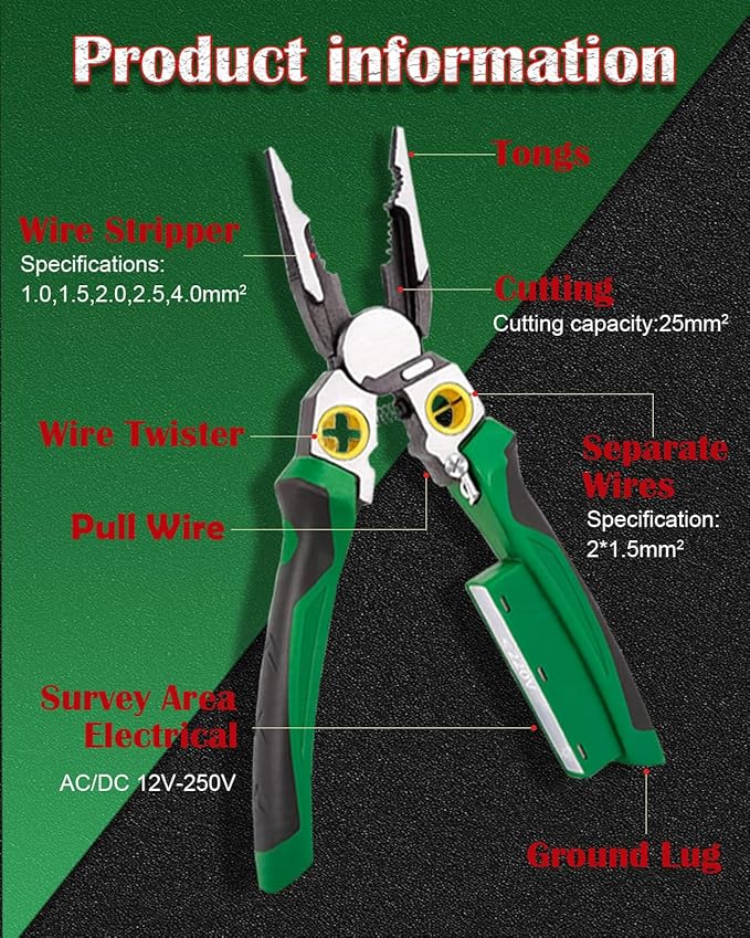 Chicat 8-in-1 Wire Stripper with Voltage Tester,Multi-function Electric Pliers,Professional Wire Cutter & 12V-250V AC/DC Neutral Tester,Electrician Tools & DIY Tool (Green)