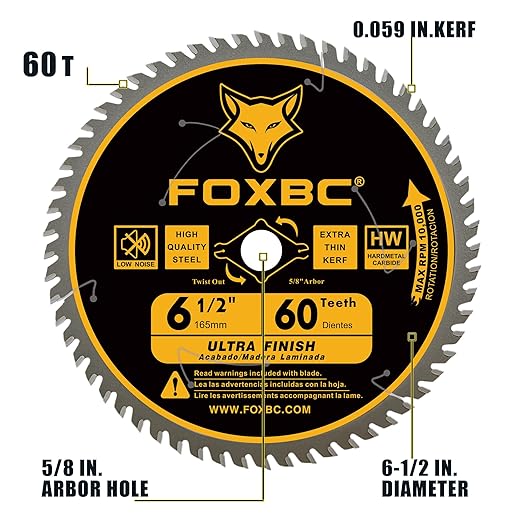 FOXBC 6-1/2 inch Circular Saw Blade Ultra Fine Finish 60-Tooth for Wood Cutting, Thin-Kerf with 5/8" Arbor