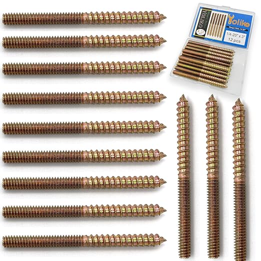 12 Pack 1/4-20 x3 Inch Hanger Bolts 1/4-20" Double Headed Bolts 1/4 Wood Dowel Screw Self-Tapping Screw Hanger Bolts for Furniture Double Head Threaded Rods Bolt 76.2mm Length