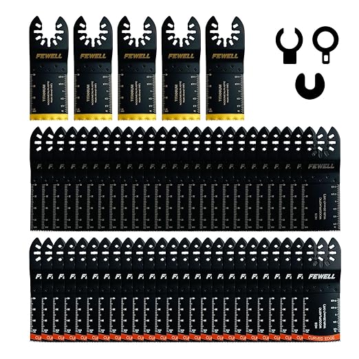 FEWELL 55PCS Oscillating Saw Blades, Universal Titanium Multitool Blades for Hard Materials, Metal, Wood, Plastic, Nails,Curved Edge Oscillating Saw Blades, Fits Most Tools