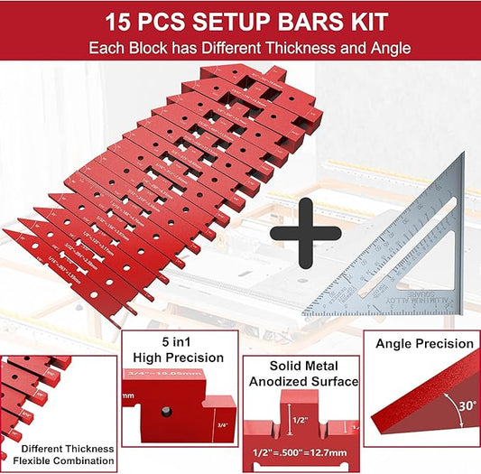 Setup Blocks Woodworking, 14 Pcs Precision Aluminum Router Table Setup Bars(Each Block has Different Thickness), Set up Blocks for Woodworking and Router Table Saw Accessories