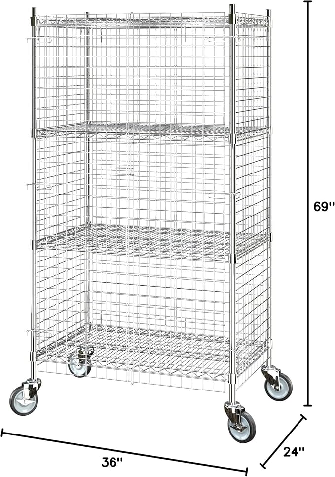 Commercial Grade NSF Listed Metal Wire Mesh Storage Chrome Mobile Security Cage Kit, 24" x 36" x 70", Perfect for Warehouse, Grocery Store, Restaurant, Dishroom