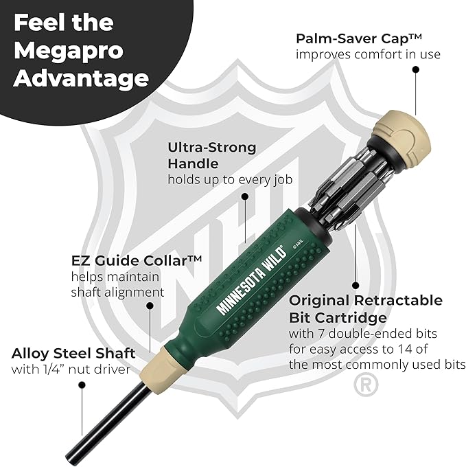 MEGAPRO짰 NHL짰 Team Edition Multi-bit Screwdriver | Officially Licensed NHL짰 Gear | Durable, Ergonomic, Pro-Grade Screwdriver (Minnesota Wild짰)