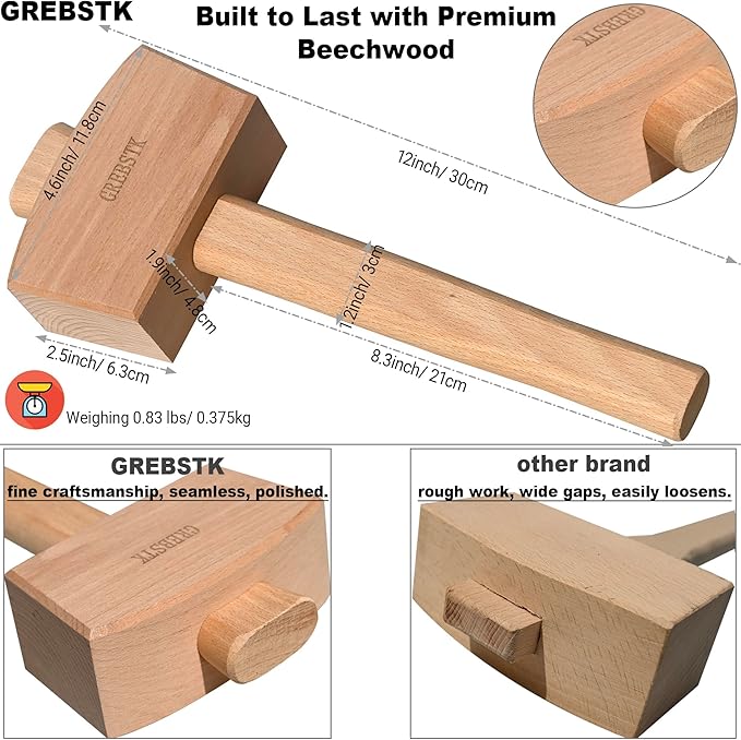 GREBSTK Beech Wood Mallet - Woodworking Hammer & Ice Crusher for Cocktails, Perfect for Chisels, DIY, Bar Tool, Polished Solid Hardwood, 12 Inch